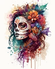 Foto auf Acrylglas Aquarellschädel Woman in a skeleton mask for dia de los muertos (day of the dead). 