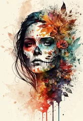 Photo sur Aluminium Crâne aquarelle Portrait of a mexican girl with a traditional skeleton makeup for dia de los muertos (day of the dead). 