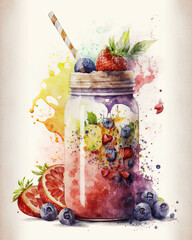 Healthy fruit smoothie, watercolor illustration. Generative AI
