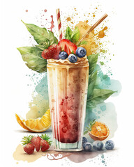 Smoothie with berries, watercolor style illustration. Generative AI
