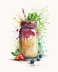 Watercolor illustration of a tropical fruit drink. Generative AI