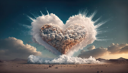 an explosive heart in a epic way, made out of clouds, generative ai technology