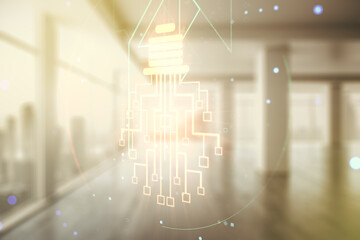 Virtual creative idea concept with light bulb and microcircuit illustration on empty corporate office background. Neural networks and machine learning concept. Multiexposure