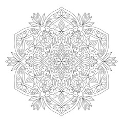 Rounded mandala coloring book page illustration for adutls 