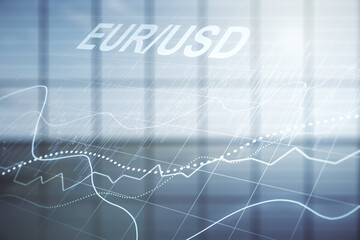 Double exposure of abstract virtual EURO USD forex chart hologram on empty modern office background. Banking and investing concept