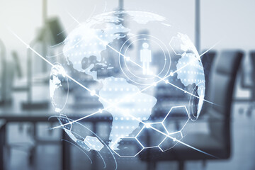Virtual social network hologram and world map on a modern furnished office background. Multiexposure