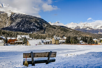 Pontresina, Sta. Maria, Kirche, Aussicht, Engadiner Dorf, Oberengadin, Engadin, Alpen, Graubünden,...