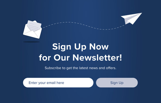 Subscribe to newsletter blue banner.  A letter in envelope. Sign up to newsletter. Vector illustration. 