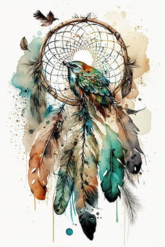 Illustration of a dreamcatcher on a white background with a bird at the center. Generative AI
