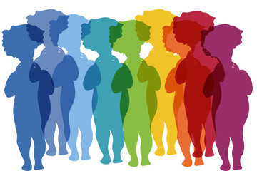 Fototapeta na wymiar Body positive banner with colorful silhouette of plus size model. Rainbow group of people.