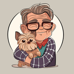 Vector illustration of a grandfather who hugs a Yorkshire terrier dog