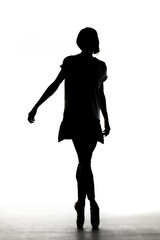 Silhouette of a ballerina wearing shirt and elegant dress standing against white background © Nikola Spasenoski