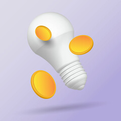 3D light bulb with cash. Good ideas bring money.
 The symbol of a glass bulb. Inspiration for a creative idea.
 Development by brainstorming. Starting a business.