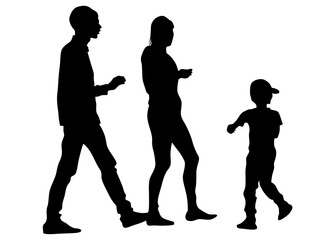 Mother and daughter walking. Silhouette people on white background