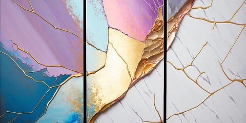 Gold kintsugi crack pattern on pastel color background. Golden texture. Broken marble luxury stone pattern effect. generative AI digital illustration.