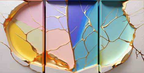 Gold kintsugi crack pattern on pastel color background. Golden texture. Broken marble luxury stone pattern effect. generative AI digital illustration.