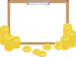 横向きのバインダー、署名板の前に積み上げたたくさんのコイン