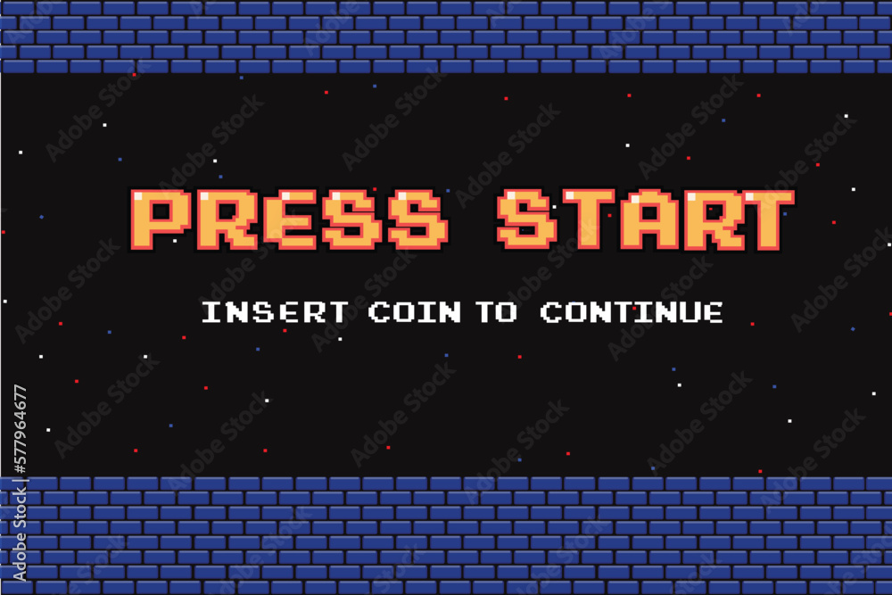Poster press start insert a coin to continue .pixel art .8 bit game.retro game. for game assets in vector i