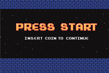 PRESS START INSERT A COIN TO CONTINUE .pixel art .8 bit game.retro game. for game assets in vector illustrations.