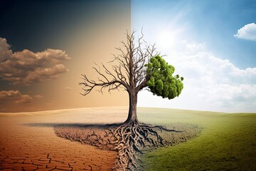 Climate change withered tree and dry earth.generative AI digital illustration.