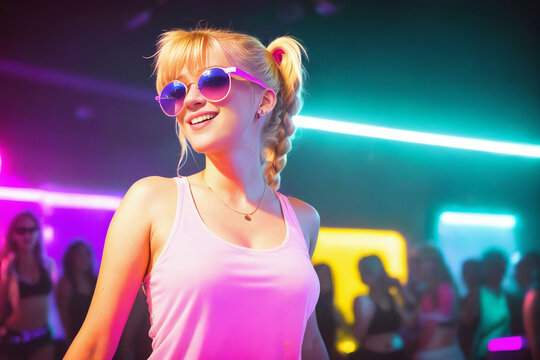 Beautiful blonde girl in a top and shorts and sunglasses at a party in a nightclub dances relaxing and having fun under neon multicolored light. Generative AI