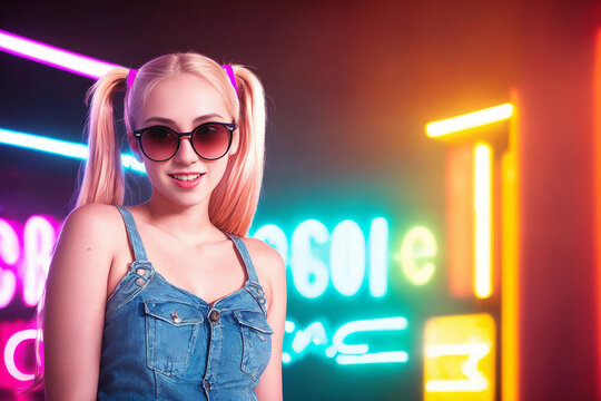 Beautiful blonde girl in a top and shorts and sunglasses at a party in a nightclub dances relaxing and having fun under neon multicolored light. Generative AI