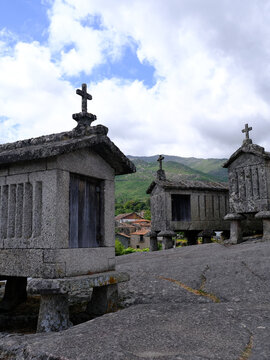 Traditional Espigueiros, Granary, Soajo village, Peneda Geres National Park, Minho province, Portugal