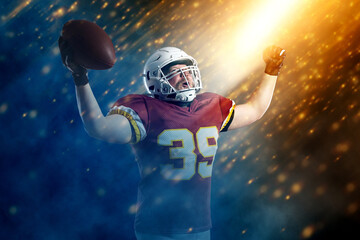 American football player celebrating winning the game. Template for bookmaker ads with copy space....