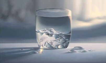  a glass of water with ice cubes on a table.  generative ai