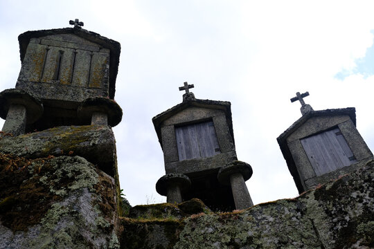 Traditional Espigueiros, Granary, Soajo village, Peneda Geres National Park, Minho province, Portugal