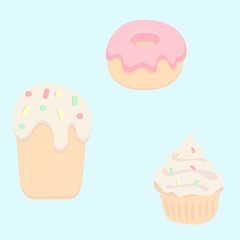 seamless vector illustration with easter sweets, cupcakes, donuts, pastries, backing, holiday, celebration, spring, background,  design, icon, wallpaper, for print, textile, gift card, pastel