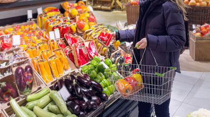 Woman buying vegetables(pepper, chili pepper, eggplant, zucchini) at the market