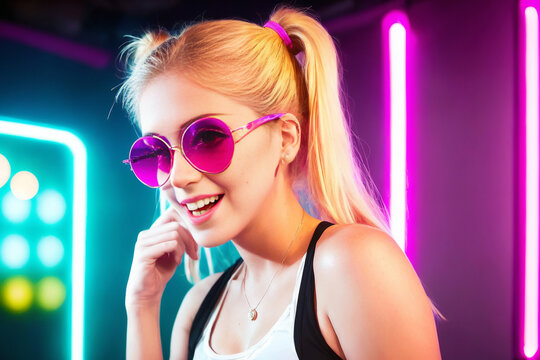 Beautiful blonde girl in a top and shorts and sunglasses at a party in a nightclub dances relaxing and having fun under neon multicolored light. Generative AI