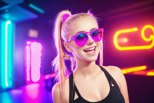 Beautiful blonde girl in a top and shorts and sunglasses at a party in a nightclub dances relaxing and having fun under neon multicolored light. Generative AI