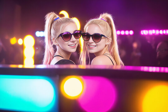 Beautiful blonde girl in a top and shorts and sunglasses at a party in a nightclub dances relaxing and having fun under neon multicolored light. Generative AI