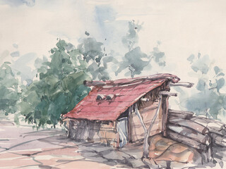 Watercolor landscape  village