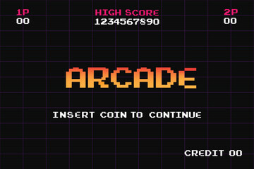 PRESS START INSERT A COIN TO CONTINUE .pixel art .8 bit game.retro game. for game assets in vector illustrations.