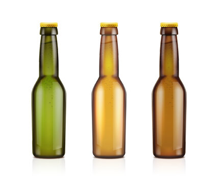 3d realistic vector icon. Set of brown, green and yellow transparent beer bottles. isolated on white background.