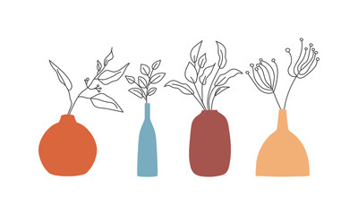 Vase set. Various forms of vases. Home interior decoration. Vector icon collection. Vases silhouettes of various shapes in thin line style. Vector illustration.