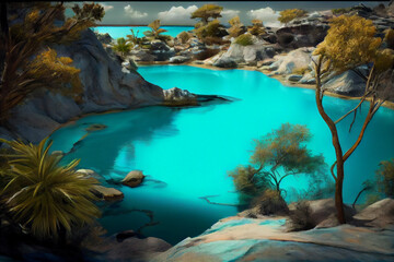 Blue lagoon among tropical rocks. AI Generated