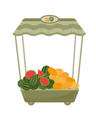 Mobile counter with melon and watermelon on the wheels. Vector color isolated illustration.