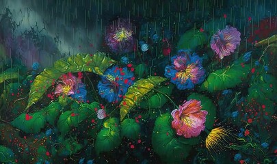 Obraz premium a painting of flowers and leaves on a rainy day with rain. generative ai