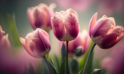 Fototapeta premium a bunch of pink tulips are in a vase. generative ai