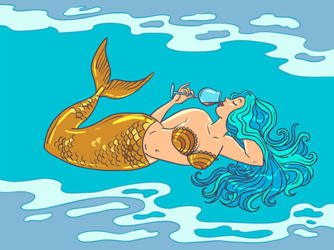 An attractive mermaid with a golden tail and sea-colored hair is drinking wine. Expensive drink and business prestige.