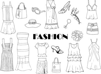 Obraz premium Hand drawn summer women clothes on doodle style
