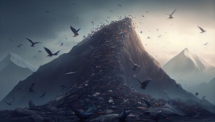Mountains of garbage. Climate change, the concept of protecting the environment, and water resources. Generative AI.