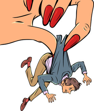 Use of other peoples means and forces. Dominance of one sex over the other. A man in a suit is held by a womans huge hand with a manicure.