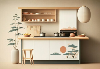 Japanese style kitchen interior. Generative AI