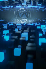 Obraz premium Futuristic data stream 3d illustration. AI or Data transfer technology. Cyberpunk, Big data and cybersecurity. Cyberspace, blockchain transactions. Abstract technological background