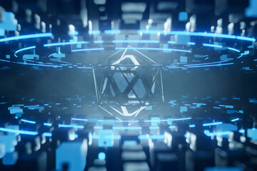 Obraz premium Futuristic data stream 3d illustration. AI or Data transfer technology. Cyberpunk, Big data and cybersecurity. Cyberspace, blockchain transactions. Abstract technological background